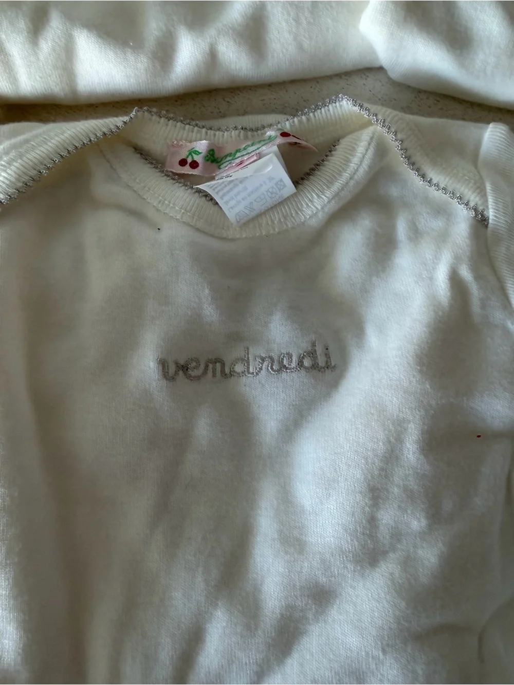 Bonpoint Cream Cotton Short Sleeve Tee with Light Blue Embroidery